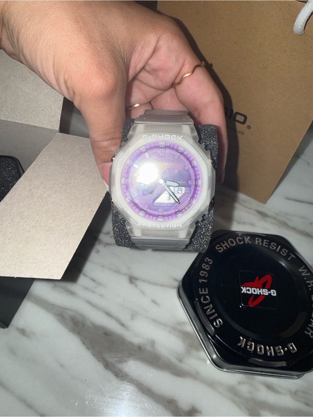 Casio Men's White Resin G-Shock Watch with Purple Dial